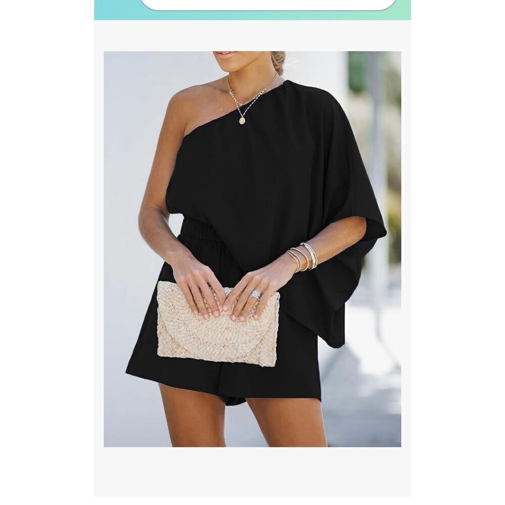 CUPSHE Women's One Shoulder Romper 3/4 Sleeve Wide Leg Mini Jumpsuit Short Drape